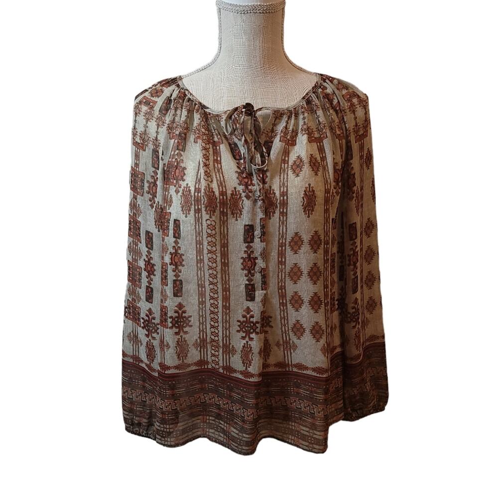 Lucky Brand Boho Brown/Cream Printed Shear Peasant Top Size Small